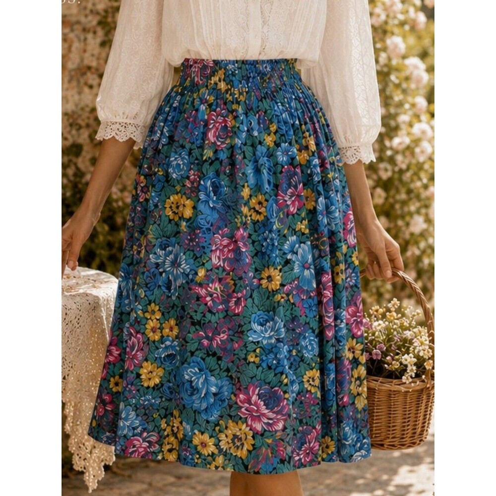 Vintage 80s Floral Midi Skirt Roaman's Cottagecore Blue Pink Romantic Garden M L